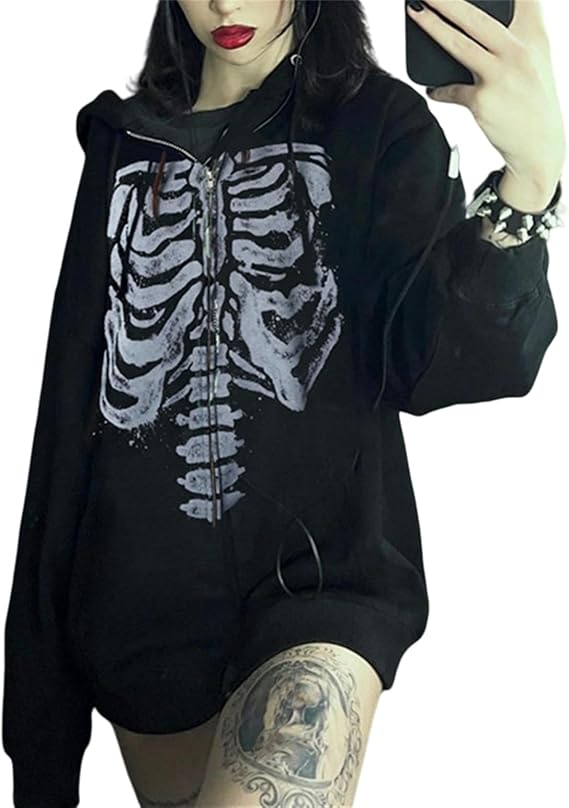 Yuemengxuan Women Y2k Goth Grunge Sweatshirts Teen Vintage Zip Up Hoodie - skull jacket