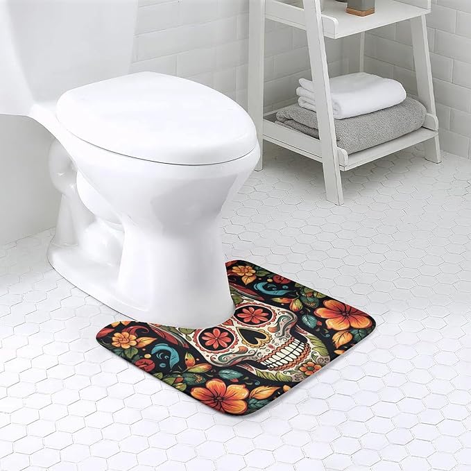 Toilet Rugs U-Shaped 20x16 Soft Absorbent Contour Bathroom Rugs for Toilet, Non-Slip Microfiber Floor Mat, Colorful Sugar Skull Bath Mat for Toilet Rug Carpet - skull toilet mat