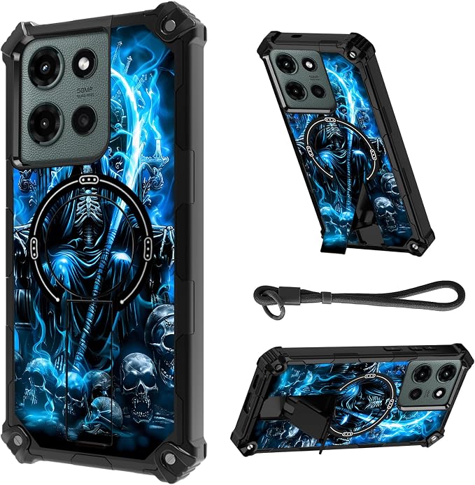 for Motorola Moto G 5G 2025 Case, Heavy Duty Shockproof Bumper Cover, Magnetic Back & Kickstand, Wrist Strap, Protective Phone Case for Motorola Moto G 5G 2025, Blue Fire Skull Spirit Rider - Skull phone case