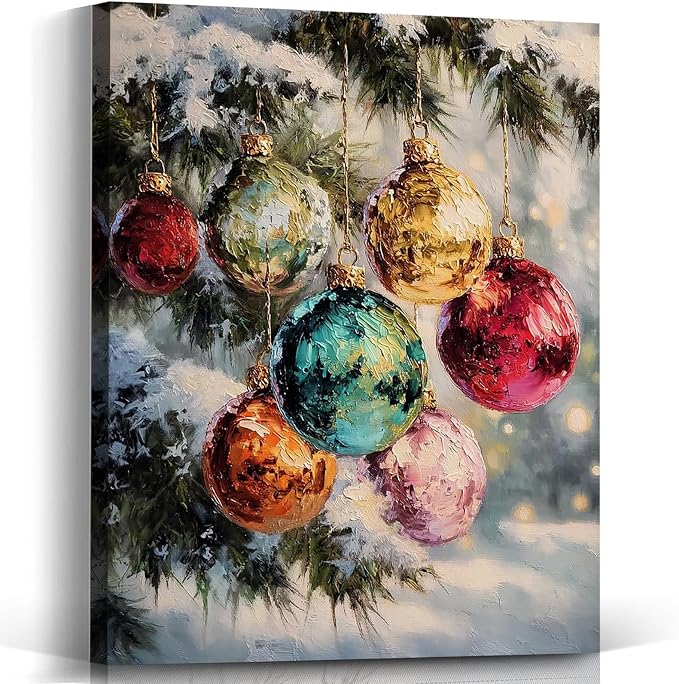 Voxitura Christmas Winter Tree Ball Ornaments Wall Art Canvas, Rustic Cottacore Snow Wall Decor for Holiday, Vintage Festive Paintings Pictures Prints Framed for Bedroom Bathroom 12x15in - skull wall art