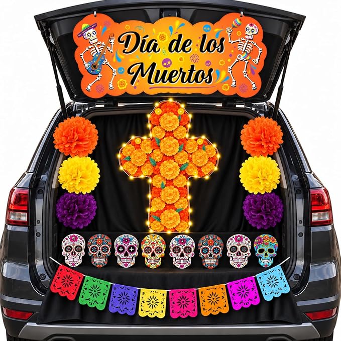 Cinrobiye Dia de los Muertos Halloween Trunk or Treat Decoration Kit Day of the Dead Car Decorations with Banner Cross Backdrop Skull Cardstocks Flags for SUV Garage Church Party Decor Supplies - string light