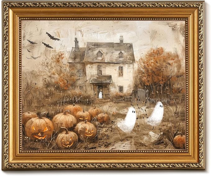 Vodefoad Retro Detachable Gold Framed Wall Art for Home Decor Halloween Pumpkins with Cute Ghost Farmhouse Gold Framed Wall Decor Prints Halloween Gothic Dark Academia Painting Picture for Kitchen, Gallery, Bathroom Wall decor - 8x10Inch - skull painting