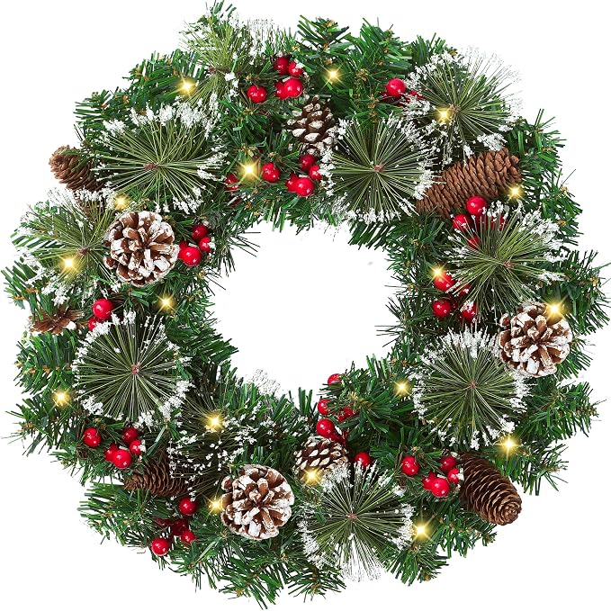 18’’ Artificial Christmas Wreath for Front Door with Pine Needles Red Berries Pine Cones Christmas Decorations for Winter Wall Indoor Outdoor Home Holiday Xmas Decor - skull wreath