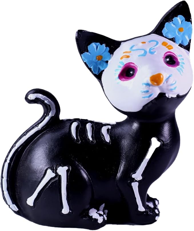 Day of The Dead Dog and Cat Figurine, Halloween Statue Sugar Skulls Animal Statue Resin Crafts Skeleton Sculpture for Halloween Home Desk Decorations (Day of The Dead Cat) (Cat) - sugar skull ornament