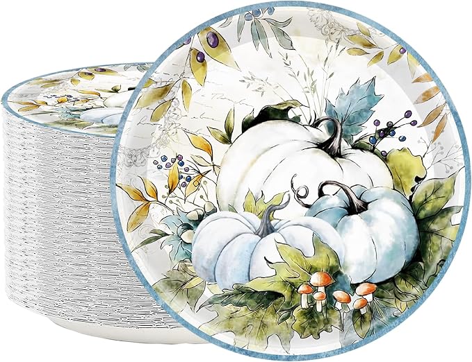 50PCS Pumpkin Paper Plates 7" Fall Paper Plate Retro Teal Pumpkin Plates for Thanksgiving Themed Autumn Fall Thanksgiving Orange Harvest Banquet Birthday Party Supplies Decorations (Teal) - skull plate