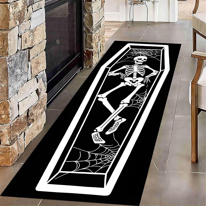 Washable Carpet, 2x6ft Halloween Skull Area Rug, Funny Skeleton Indoor Hallway Entrance Floor Mat, Low Pile Non-Slip Durable Carpet for Living Room Bedroom Bedside Kids Room Playroom - skull carpet