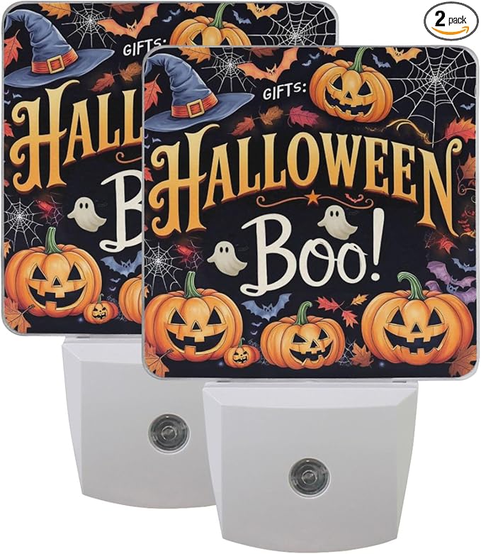 Wamika Halloween LED Sensor Night Light Set of 2 Witch Bat Gnomes Castle Moon Spooky Ghost Cat Creepy Skull Table Desk Lamps with Adjustable Brightness Eye-Caring for Home Bedroom Office Parlour