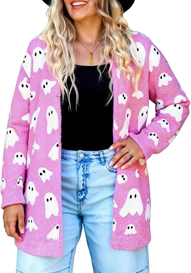 Women's Chic Ghost Sweater Long Sleeve Open Front Loose Knit Cardigan Coat - skull jacket