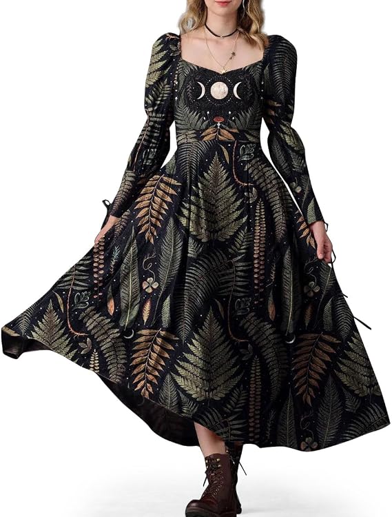 Womens Black Floral Dresses Gothic Celestial Maxi Sundresses Long Sleeve Casual Boho Flowy Dress Valentines Outfit - sugar skull dress