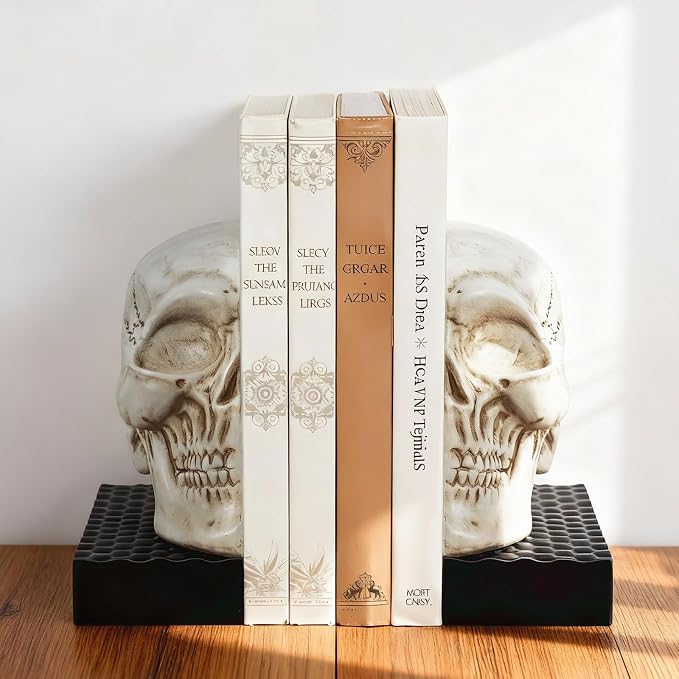 Skull Book Ends, Decorative Bookends for Shelves, Antique Gothic Style Skull Bookend Design Resin Skeleton Human Head Statue Halloween Décor (White) - skull figurine