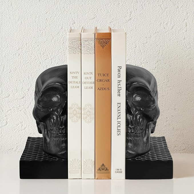 Skull Book Ends, Decorative Bookends for Shelves, Antique Gothic Style Skull Bookend Design Resin Skeleton Human Head Statue Halloween Décor (Black) - skull figurine