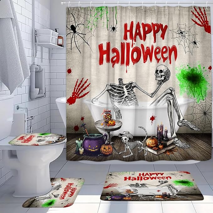 4 Piece Halloween Skull Skeleton Shower Curtain Set with Rugs Funny Cool Fall Pumpkin Spooky Cat Spider Web Gothic Day of The Dead Bathroom Bath Mat Toilet U Shaped Carpet with 12 Hooks - skull toilet mat