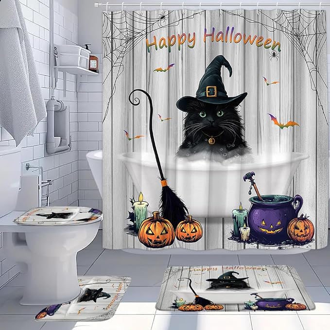 4 Piece Halloween Black Cat Shower Curtain Set with Rug Gothic Spooky Horror Pumpkin Bat Spider Web Witch Hat Day of the Dead Rustic Farmhouse Wooden Bathroom Bath Mat Toilet U Shaped Carpet with Hook - skull toilet mat