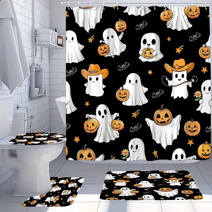 4 Piece Halloween Ghost Shower Curtain Set with Rugs Funny Pumpkin Spooky Cute Bat Trick or Treat Fall Thanksgiving Autumn Day of The Dead Black Bathroom Bath Mat Toilet U Shaped Carpet with 12 Hooks - skull toilet mat