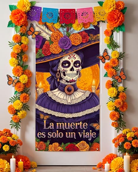 Day of the Dead Door Cover 73x35in Sugar Skull Marigold Backdrop Decor - skull plate
