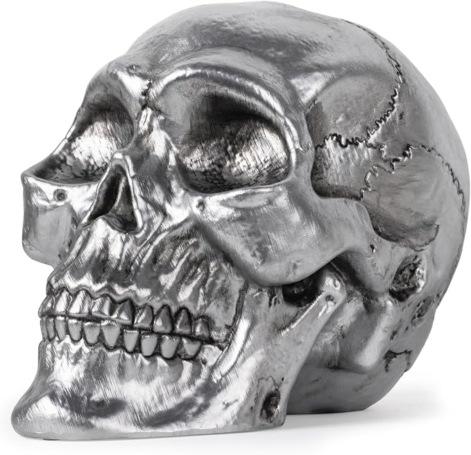 Resin Skull Statue, Human Head Model for Home Decoration, Halloween Statue, Skull Model for Bookshelf Desktop Home Decor (Silver) - skull figurine