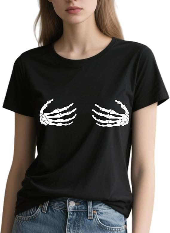 Halloween Shirts for Women – Skull Hand Pattern Print Short Sleeve Casual Round Neck Shirts