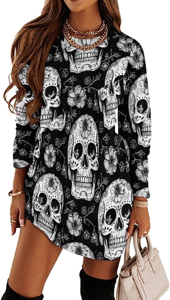 Dead Sugar Skull Women's Fleece Sleeve Sweatshirt Dress Long Pullover Casual Dresses - skull sweatshirts