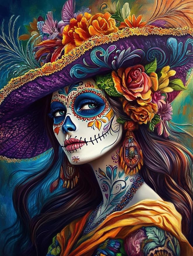 DIY Sugar Skull Women Diamond Painting 12x16 Inch, Full Round Drill Kits Mosaic Art for Adults Relax & Home Wall Decor Festival Gift 276 - skull painting