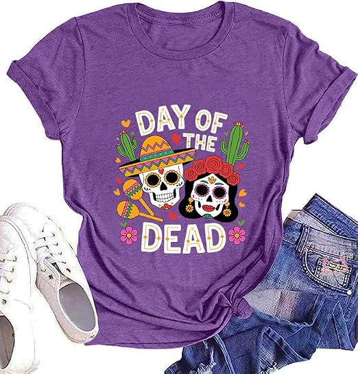 Mexican Day of Dead T-Shirt for Women Dia De Muertos Halloween Skull Graphic Top - skull tshirt