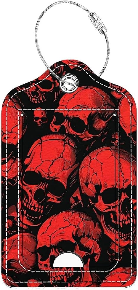 Luggage Tags,Horror Manga Style Red Skulls Design, Double-Sided Privacy Cover ID Labels with Stainless Steel Loop and Address Card for Travel Bag Suitcase - skull suitcase