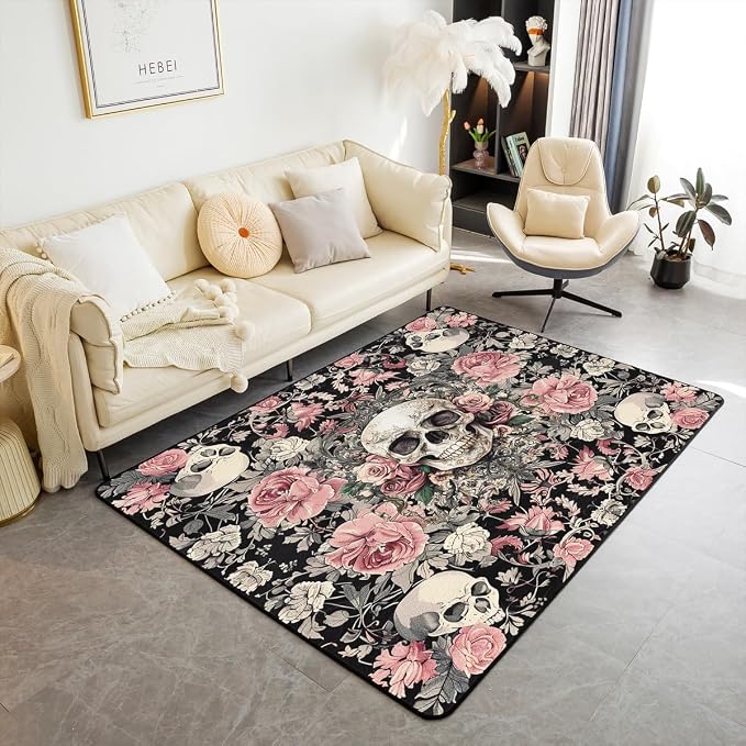 Gothic Skull Rug 5x6'6'',Watercolor Pink Floral Romantic Decorative Area Rug for Bedside Livingroom Decor,Vintage Boho Lace Halloween Non Slip Washable Decor Carpet for Indoor Outdoor - skull carpet