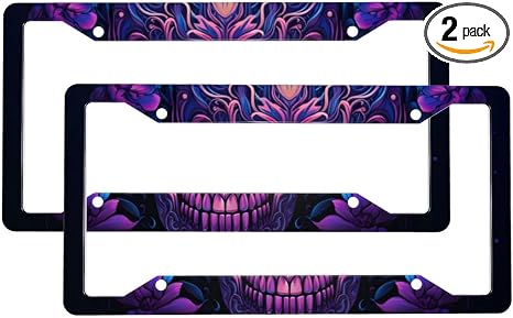 Art Purple Skull License Plate Frames 2 Pack License Plate Cover Holders Stainless Steel Aluminum Decorative Car Tag Holder 2 Holes with Screws for Women Men Universal Vehicles Frame - skull plate