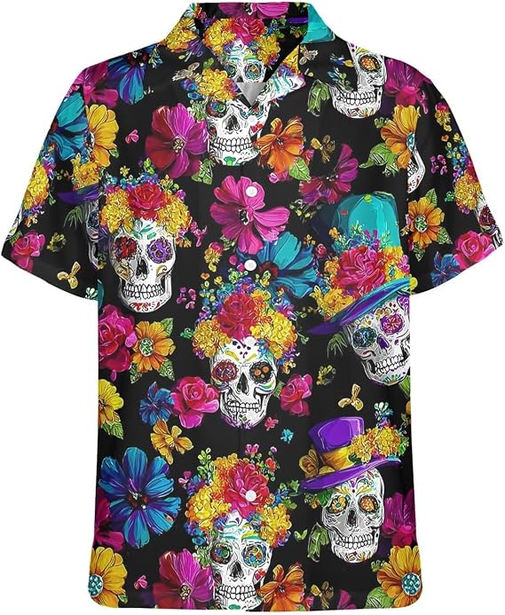 Neon 80s 90s Hawaiian Shirts for Men Tropical Rave Glow Party - skull tshirt