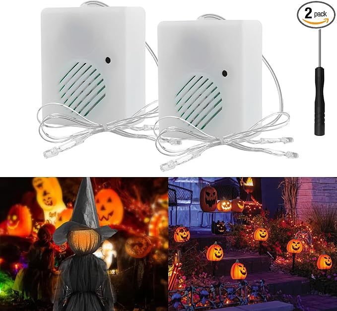 2 Pack Halloween Sound Effects Box with LED, Battery Powered Horror Screaming Tricky Scary Sound Player, Voice-Activated Witch & Ghost Sound Effects for Pumpkin Inflatables Eyeballs Ghost - skull lamp