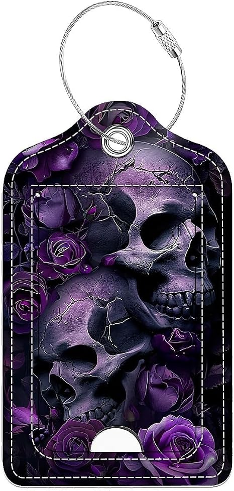 Luggage Tags,Purple Skull Rose Design, Double-Sided Privacy Cover ID Labels with Stainless Steel Loop and Address Card for Travel Bag Suitcase - skull suitcase