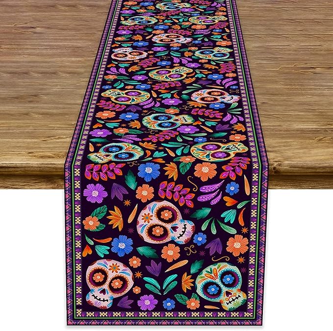 Dia De Los Muertos Table Runner Cinco de Mayo Rustic Linen Mexican Sugar Skull Day of The Dead Altar Decoration for Home Kitchen Dining Room (13" x 60") - skull floor mat