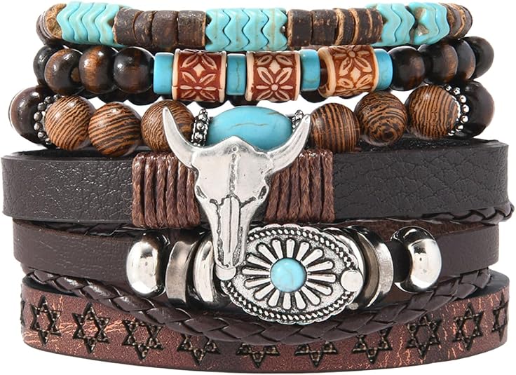 Western Bracelet for Women,Bohemian Cowgirl Turquoise Beaded Stretch Bracelets,Vintage Stackable Bull Head Cowboy Boots Feather Bracelets Set,Country Ethnic Western Jewelry Accessories for Women Men - sugar skull boots