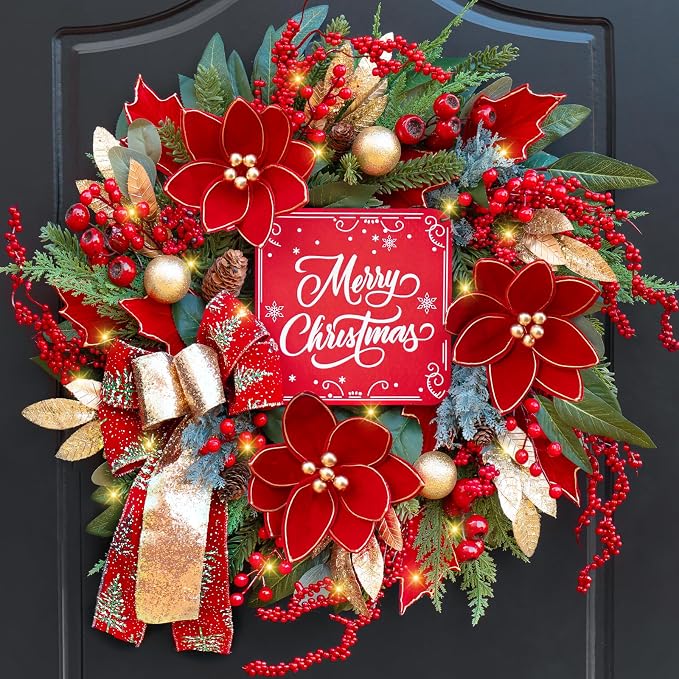 Christmas Wreath with Lights, 24 Inch Lighted Christmas Wreath for Front Door, Winter Wreath with LED Lights, red Berries, Pinecones, Gold Ball, Red Bow, Merry Christmas Sign for Indoor or Outdoor