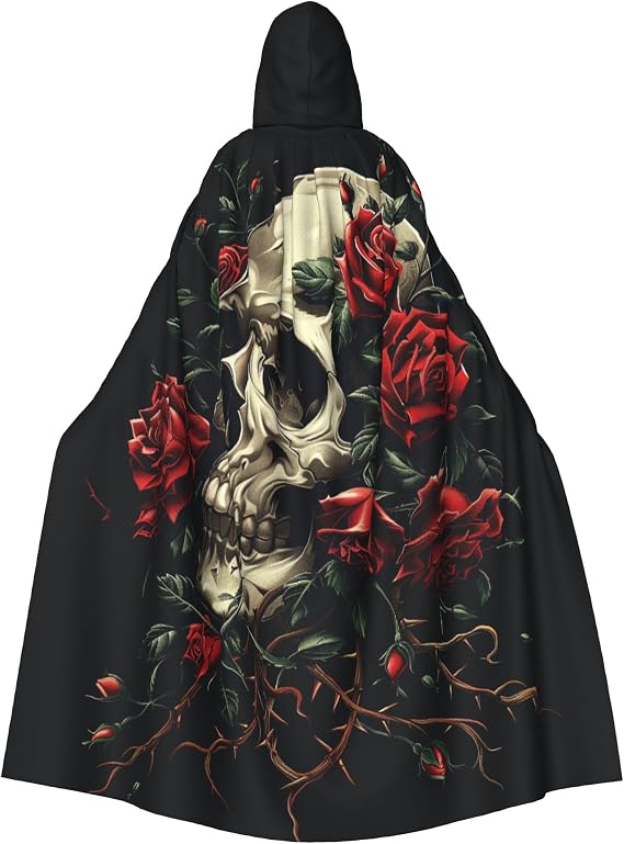 Gothic Rose Skull Halloween Hooded Robe Cloak Christmas Holiday Party Hoodies Cape Cosplay Costumes (Unisex) - sugar skull costume