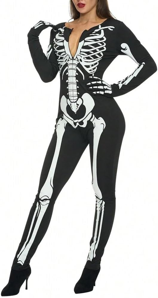 ZYTC Women Skeleton Bodysuit With Gloves for Theme Party One Piece Cosplay Costumes - skull pajamas