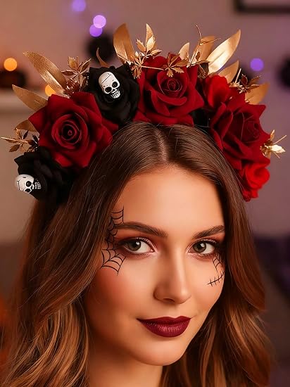 Campsis Red Rose Halloween Headband, Skull Leaf Hair Bands, Gothic Festival Cosplay Day of the Dead Hair Accessories for Women - skull headband