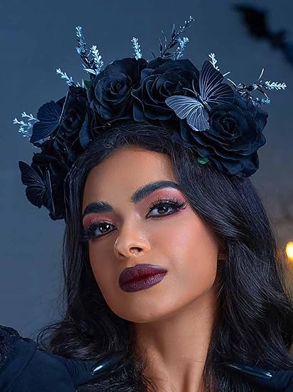 Campsis Day of the Dead Headband, Butterfly Black Flower Halloween Hair Band, Gothic Festival Cosplay Hair Accessories for Women - skull headband