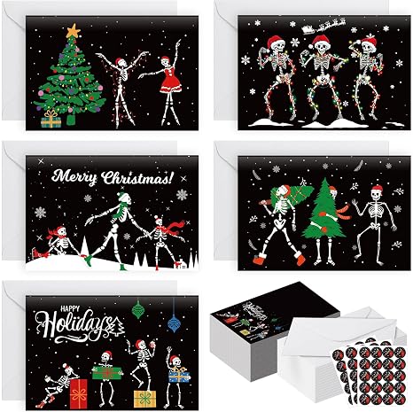 Motiskyy 50 Set Skeleton Christmas Cards with Envelopes Stickers Bulk 4x6 Inch Blank Notes Xmas Spooky Greeting Cards Gifts for Christmas Holiday Baby Shower Wedding Bridal Birthday Party Supplies - skeleton