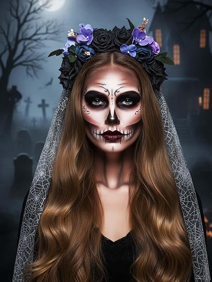 Campsis Black Rose Halloween Headband with Veil Day of the Dead Hair Bands Costume Cosplay Hair Accessory for Women - skull headband