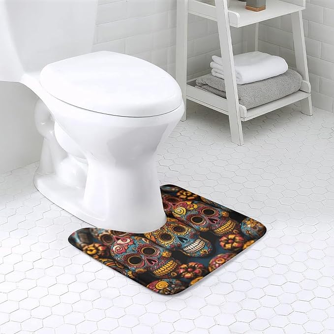 Toilet Rugs U-Shaped 20x16 Soft Absorbent Contour Bathroom Rugs for Toilet, Non-Slip Microfiber Floor Mat, Colorful Sugar Skulls Bath Mat for Toilet Rug Carpet - skull toilet mat