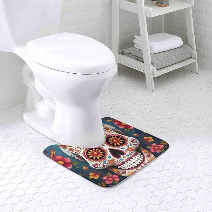 Toilet Rugs U-Shaped 20x16 Soft Absorbent Contour Bathroom Rugs for Toilet, Non-Slip Microfiber Floor Mat, Colorful Sugar Skull Bath Mat for Toilet Rug Carpet - skull toilet mat