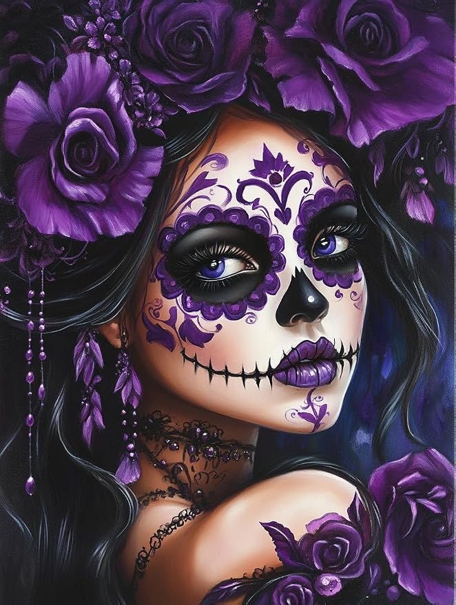 DIY Black and Purple Sugar Skull Girl Diamond Painting 12x16 Inch, Full Round Drill Kits Mosaic Art for Adults Relax & Home Wall Decor Festival Gift 315 - skull painting