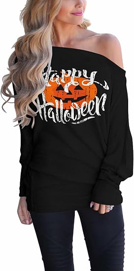 INFITTY Women's Christmas Shirts Off The Shoulder Tops Long Sleeve Graphic Pullover Swertshits Tunic - skull sweatshirts