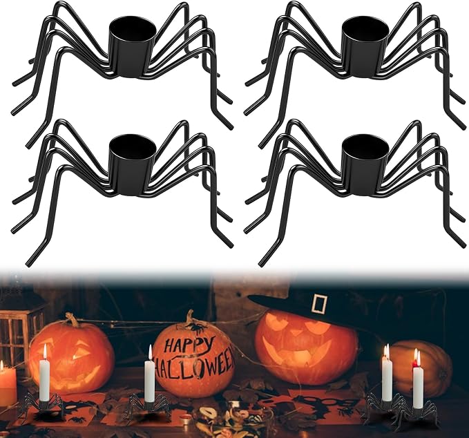 4 Pack Spider Candle Holders, Black Metal Taper Candlesticks - skull candle