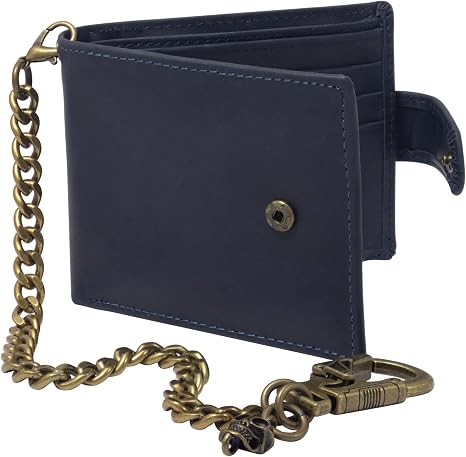 Ahiller Chain Wallets for Men Crazy Horse Leather Bifold Biker Wallet Blue - skull wallet