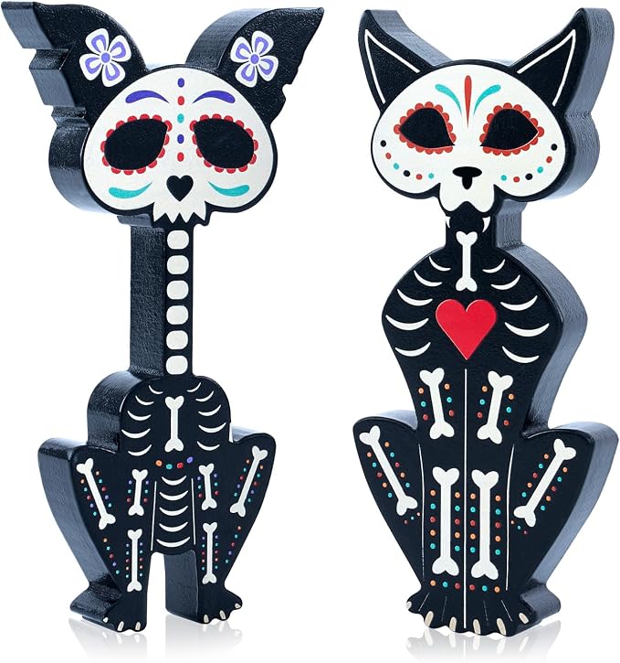 2Pcs Day of The Dead Skeleton Cat and Dog Figurines Wood Decorations - skull figurine