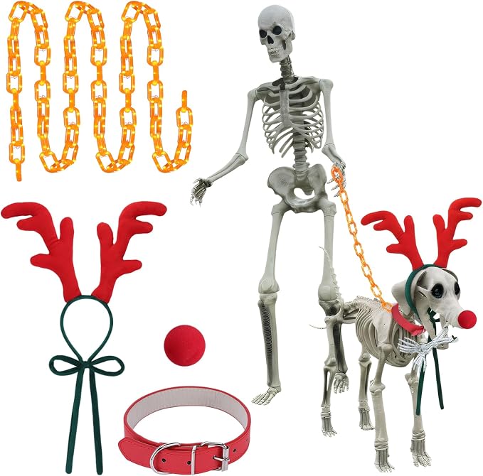Cutecrop 6 Pcs Christmas 7 ft Skeleton Dog Accessories and 12ft Skeleton Accessories Includes Santa Scarf, Hat, LED Chain String Light, Antler, Nose for Xmas Outdoor Decor, Not Include Skeletons - skeleton