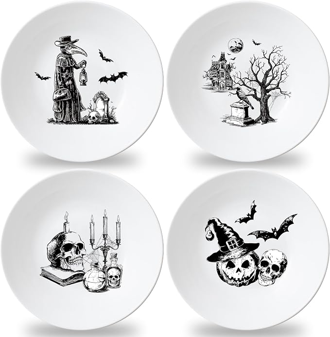 4 Set 10 Inch Halloween Gothic Plates Melamine Halloween Dinnerware Set Reusable Skull Candle Bat Tombstone Crow Melamine Plate Dishwasher for Toddlers Creatively Drop Resistant Cute Plastic Dish - skull plate