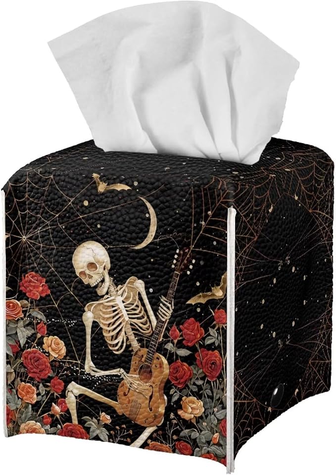 doginthehole Halloween Decoration Tissue Box Cover Cube Gothic Skull Red Rose Square Tissue Holder for Bathroom Kitchen Dressers Tissuess Box Case Home Office Desks Tissues Dispenser Organizer - skull toilet paper