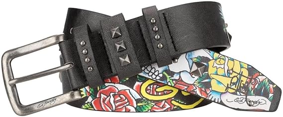 ED HARDY Men's 38mm Skulls & Roses Print Studded Belt - skull wallet